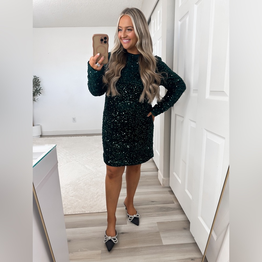 Cupshe Dark Green Sequin Long Sleeve Dress